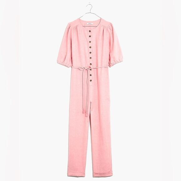 Madewell Linen-Blend Jumpsuit XS Puff-Sleeve Tassel-Tie Pink NWT - Picture 2 of 10